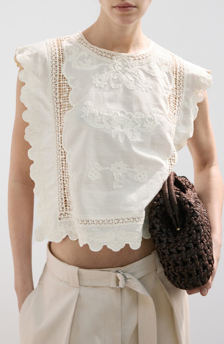Embroidered Scalloped Trim Crop Cotton Blend Top