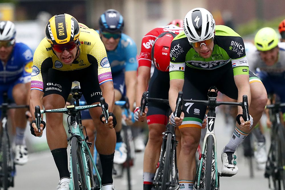 Sam Bennett (Bora-Hansgrohe) wins stage 3 at BinckBank Tour in a photo-finish sprint against Dylan Groenewegen (Jumbo-Visma)