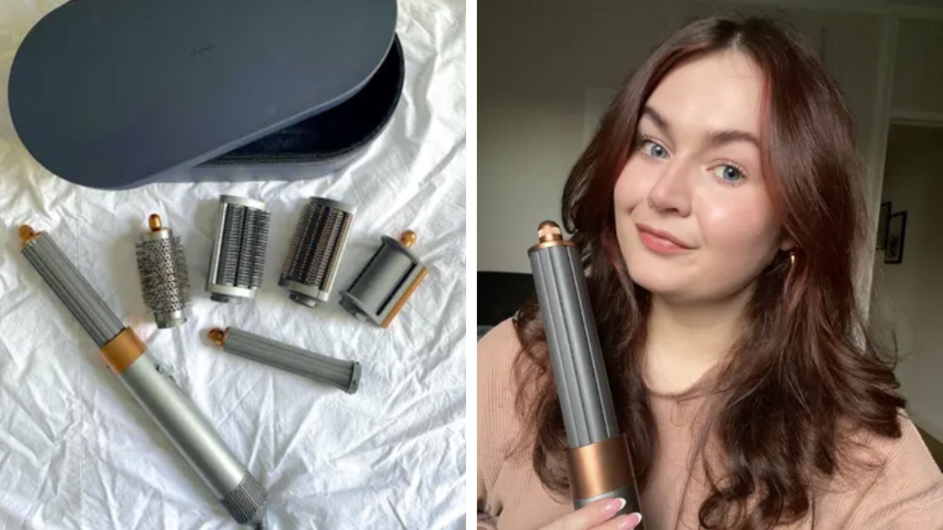 On the left, is a picture of the Dyson Airwrap laid out of a white bedding background surrounded by its five other attachments and carry case. On the right is Beauty contributor Lucy&#039;s hair after using the Dyson Airwrap&#039;s curling barrels