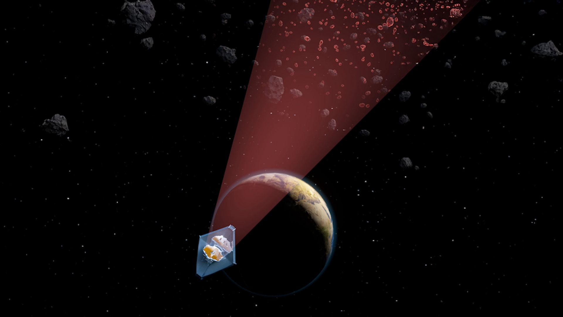 ilustrația unui artist care înfățișează o tehnologie de detectare a asteroizilor