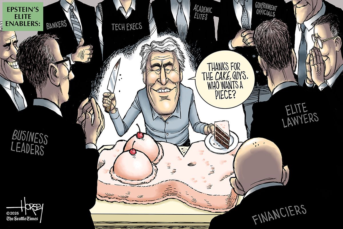 
                                This editorial cartoon is titled “Epstein’s Elite Enablers.” It depicts Jeffrey Epstein cutting a crude cake that is formed into the shape of a topless woman, with cherries for nipples. He is surrounded by men in suits that are labeled “Bankers, Tech execs, Academic elites, Government officials, Elite lawyers, financiers, and business leaders.” Epstein says, “Thanks for the cake, guys, Who wants a piece?”
                            