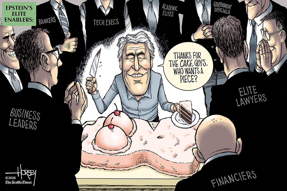 This editorial cartoon is titled &amp;ldquo;Epstein&amp;rsquo;s Elite Enablers.&amp;rdquo; It depicts Jeffrey Epstein cutting a crude cake that is formed into the shape of a topless woman, with cherries for nipples. He is surrounded by men in suits that are labeled &amp;ldquo;Bankers, Tech execs, Academic elites, Government officials, Elite lawyers, financiers, and business leaders.&amp;rdquo; Epstein says, &amp;ldquo;Thanks for the cake, guys, Who wants a piece?&amp;rdquo;
