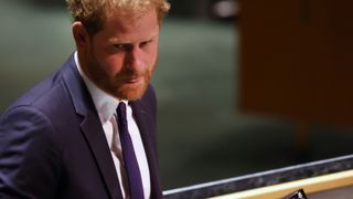 Prince Harry leaves the podium after addressing the United Nations (UN) general assembly during the UN's annual celebration of Nelson Mandela International Day on July 18, 2022 in New York City.