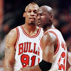 michael jordan dennis rodman, michael jordanr of the chicago bulls pulls teammate dennis rodman away after rodman was called for a technical foul 27 may during the first half of game five of the nba eastern conference finals at the united center in chicago, il the series is tied 2 2 afp photojeff haynes photo by jeff haynes afp photo credit should read jeff haynesafp via getty images