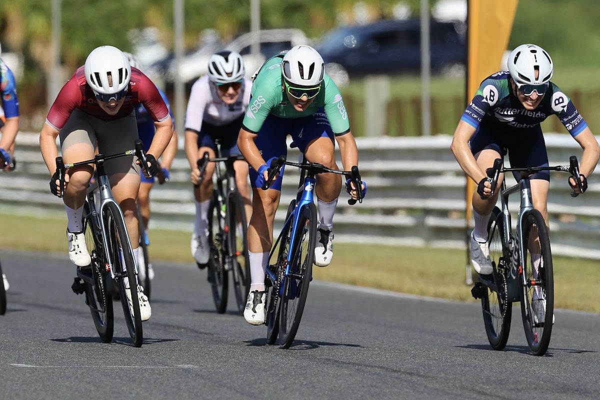 Sophie Marr (Praties) launches toward stage 3 victory at the Q Tour, the final round of the ProVelo Super League 2025