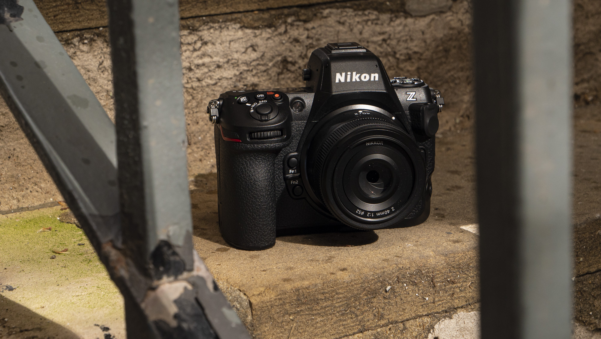 Nikon Z8 camera outside on the ground view of front