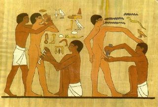 One of the earliest depictions of male circumcision comes from artwork in Egyptian tombs dated to about 2300 B.C.