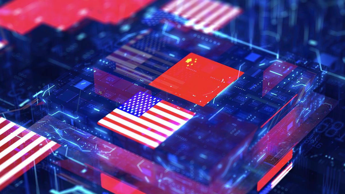 Graphic of the US and China flags on a digital circuitboard