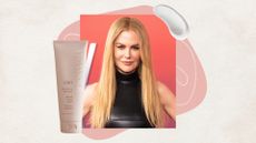 Nicole Kidman with long strawberry blonde straight hair and wearing a black leather halterneck gown, on a beige background with mauve pink graphics and Vegamour's GRO Shampoo