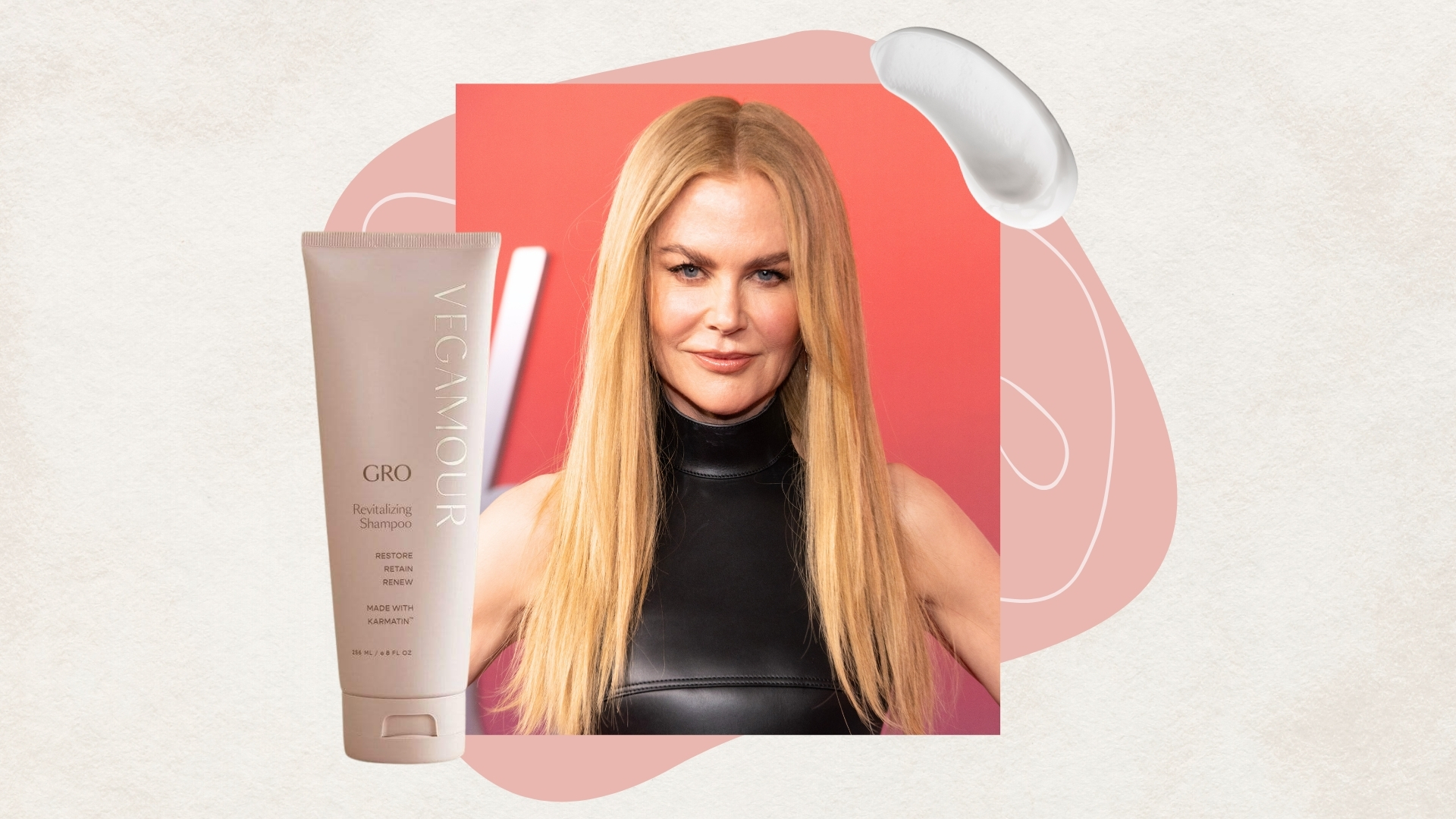 Nicole Kidman with long strawberry blonde straight hair and wearing a black leather halterneck gown, on a beige background with mauve pink graphics and Vegamour&#039;s GRO Shampoo