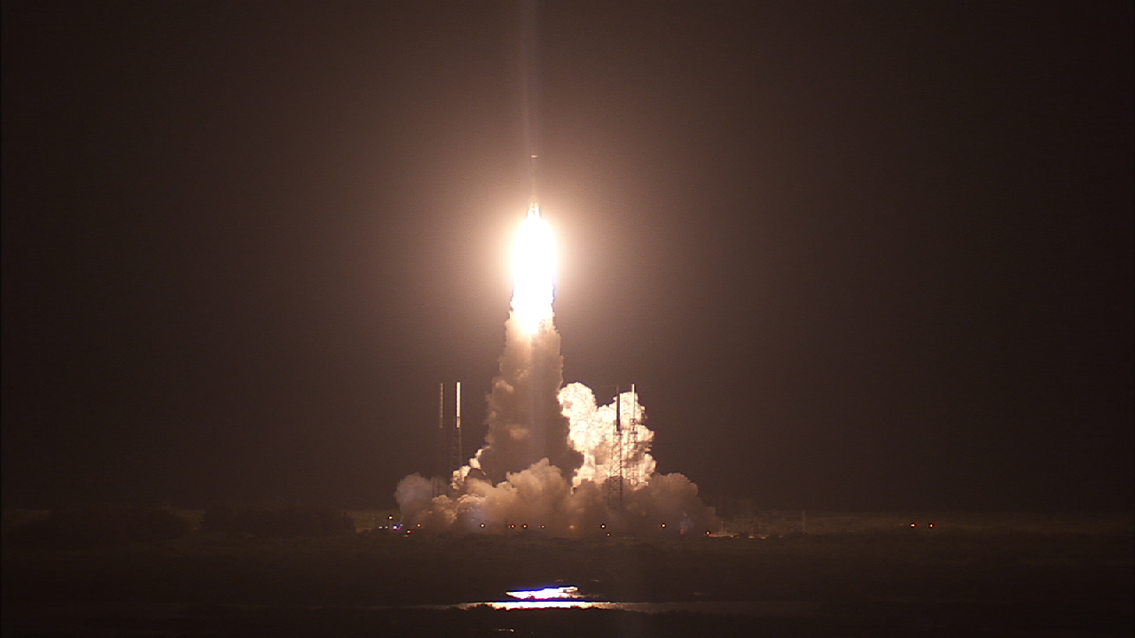 NASA&#039;s four Magnetospheric Multiscale satellites launch into space atop a United Launch Alliance Atlas V rocket in a late night blastoff from Cape Canaveral Air Force Station in Florida on March 12, 2015.