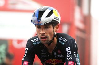 LAGOS DE COVADONGA SPAIN SEPTEMBER 03 Primoz Roglic of Slovenia and Team Red Bull Bora hansgrohe crosses the finish line during the La Vuelta 79th Tour of Spain 2024 Stage 16 a 1815km stage Luanco to Lagos de Covadonga 1069m UCIWT on September 03 2024 in Lagos de Covadonga Spain Photo by Dario BelingheriGetty Images