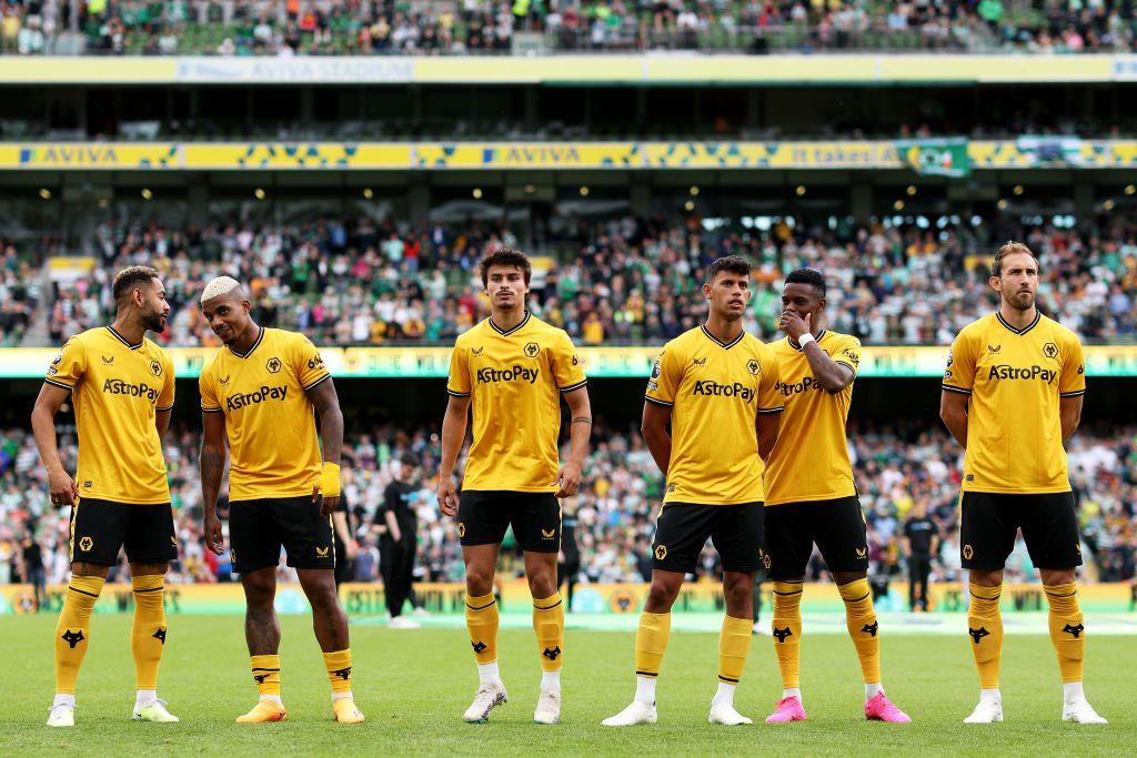 Wolves season preview 2023/24 Matheus Cunha, Mario Lemina, Hugo Bueno, Matheus Nunes, Nelson Semedo and Craig Dawson of Wolverhampton Wanderers line up ahead of the pre-season friendly match between Celtic and Wolverhampton Wanderers at Aviva Stadium on July 29, 2023 in Dublin, Ireland. (Photo by Jack Thomas - WWFC/Wolves via Getty Images)