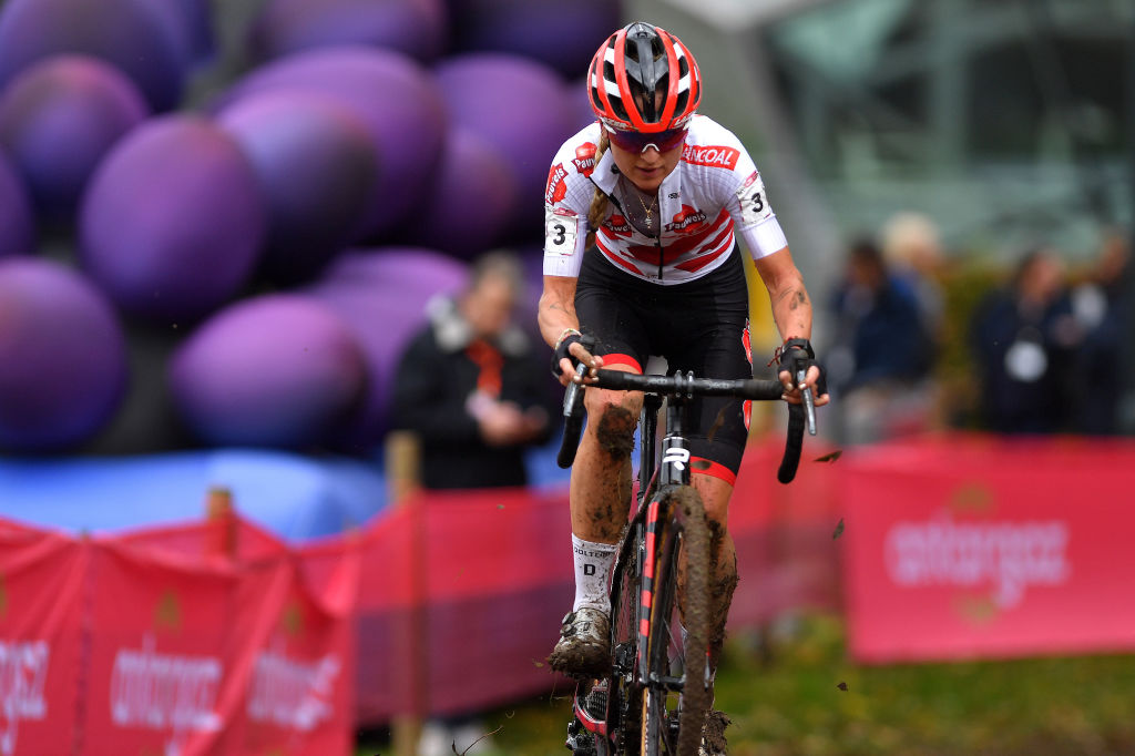 OVERIJSE BELGIUM OCTOBER 31 Denise Betsema of The Netherlands and Team Pauwels Sauzen Bingoal competes during the 62nd Druivencross Overijse UCI CycloCross Worldcup 2021 Womens Elite DruivencrossOverijse CXWorldCup UCIcyclocrossWC on October 31 2021 in Overijse Belgium Photo by Luc ClaessenGetty Images