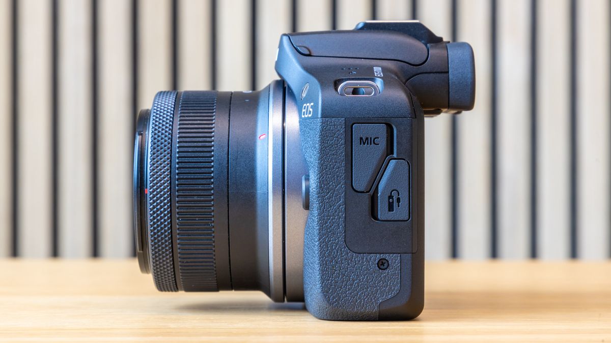 Canon EOS R100 camera on a table with a striped background