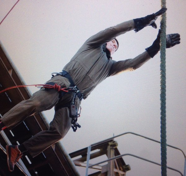 One of the tasks involved the riders jumping off a high platform over to a rope