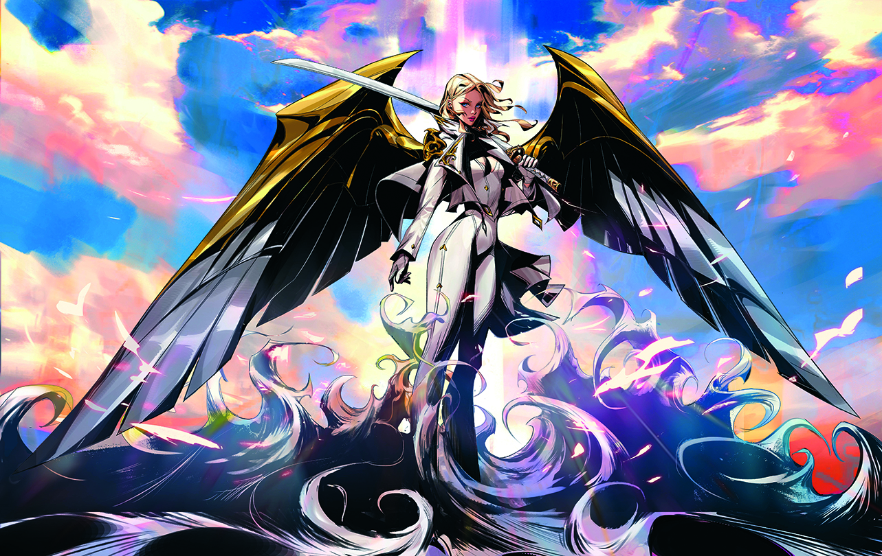Fantasy character art showing a female character with wings and a sword