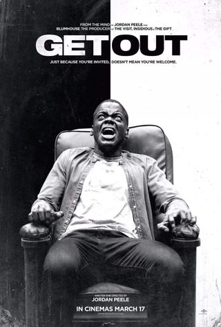 Get Out poster of Daniel Kaluuya sitting in a chair screaming