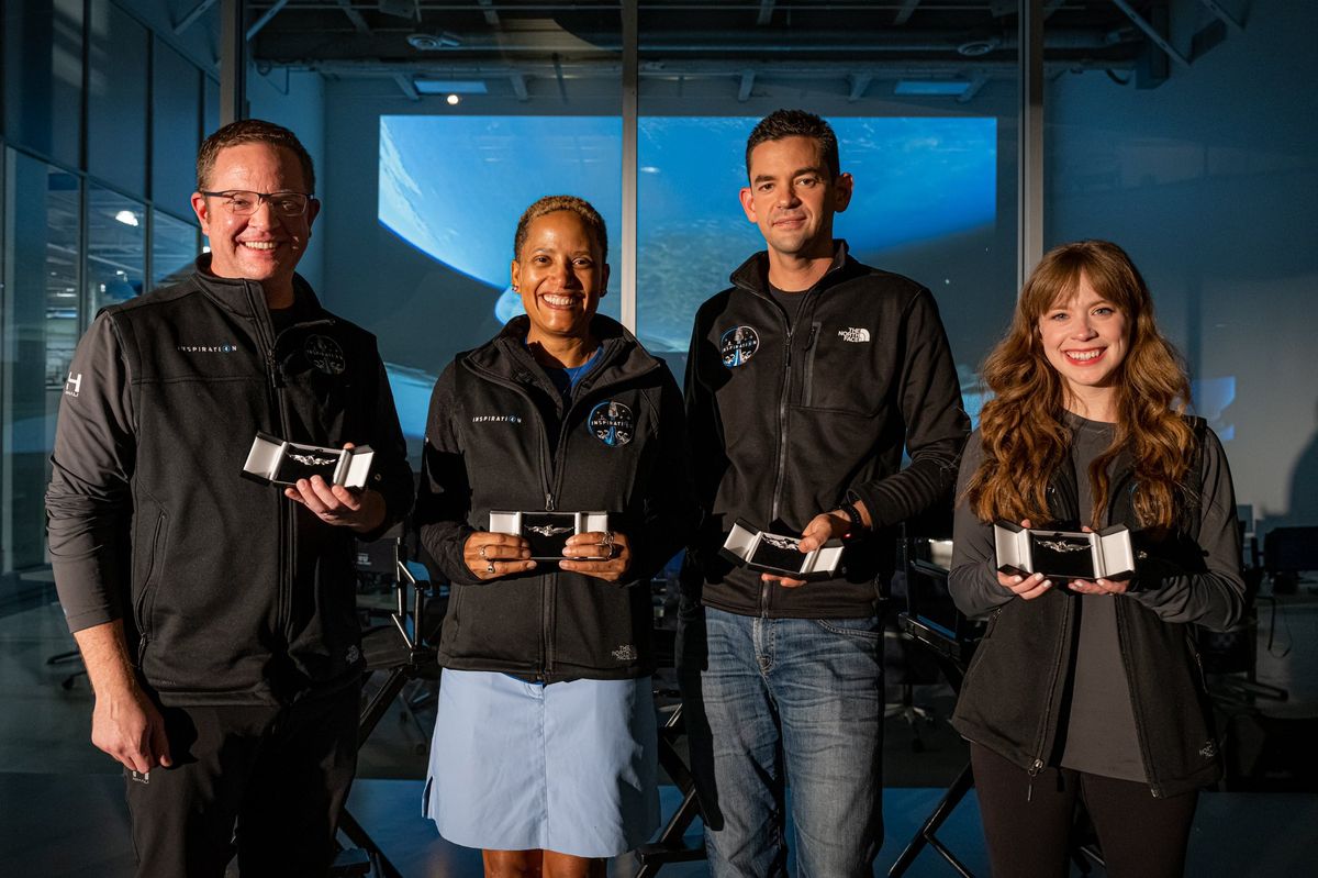 The four private astronauts of Inspiration4 received their SpaceX astronaut wings at the company&#039;s Hawthorne, California headquarters on Oct. 1, 2021. They are: (from left) Chris Sembroski, Sian Proctor, Jared Isaacman and Hayley Arceneaux.