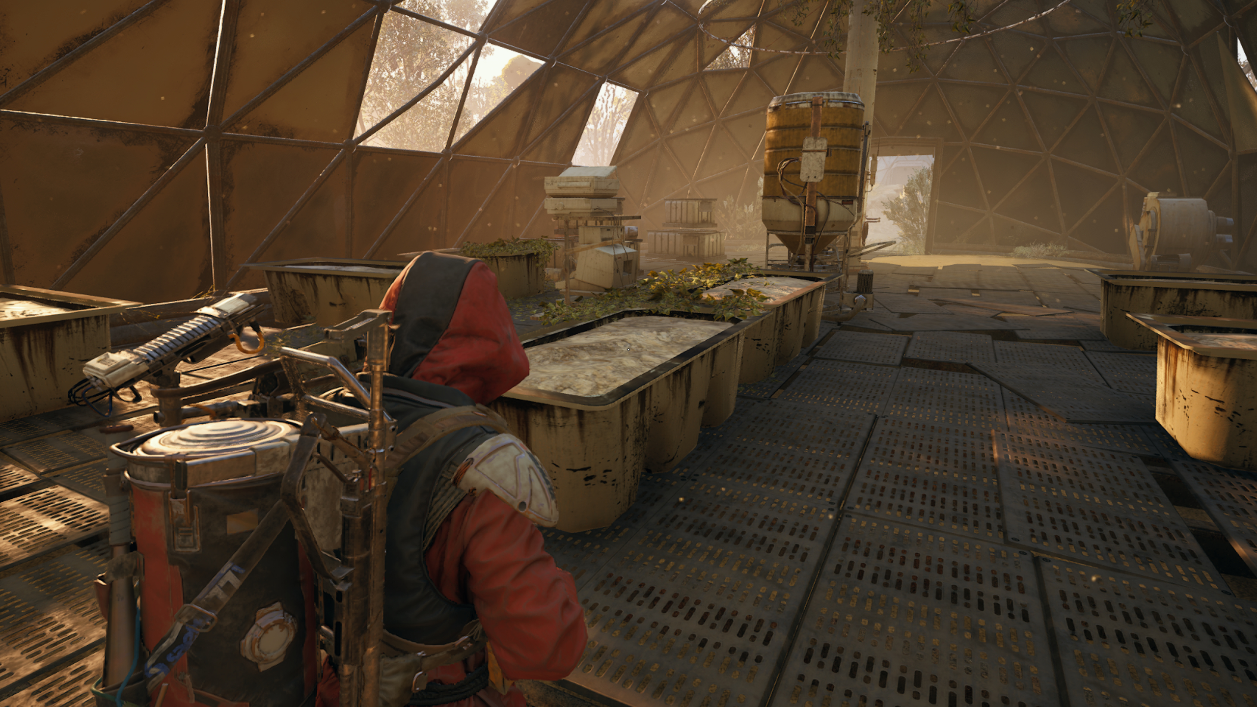 Arc Raiders Fertilizer: A player looking at rows of planters inside Hydroponic Dome Complex.