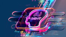 An abstract CGI render showing a multicolored computer chip with an outline of a human head and the word 'AI agent' on it.