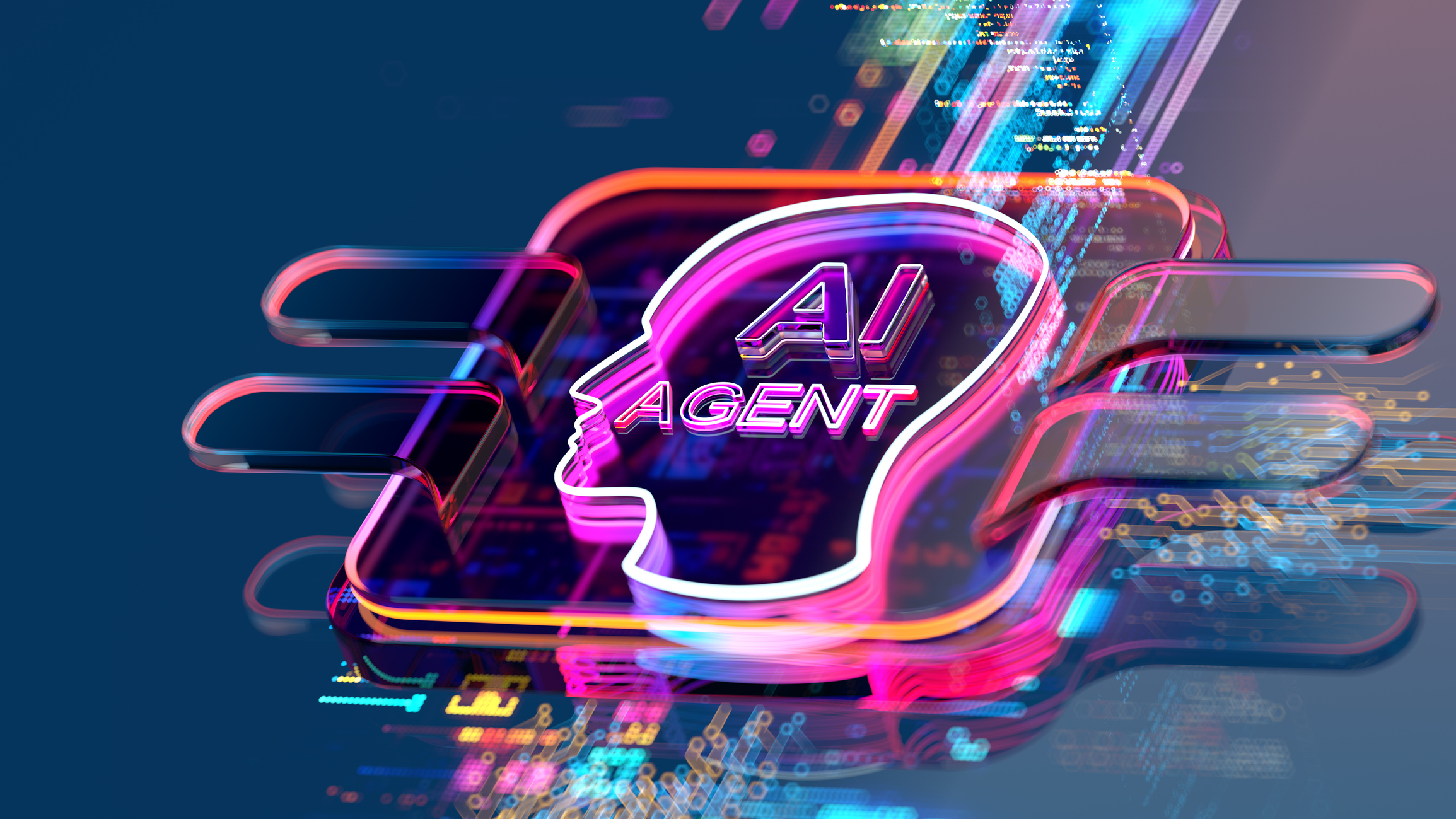An abstract CGI render showing a multicolored computer chip with an outline of a human head and the word 'AI agent' on it.