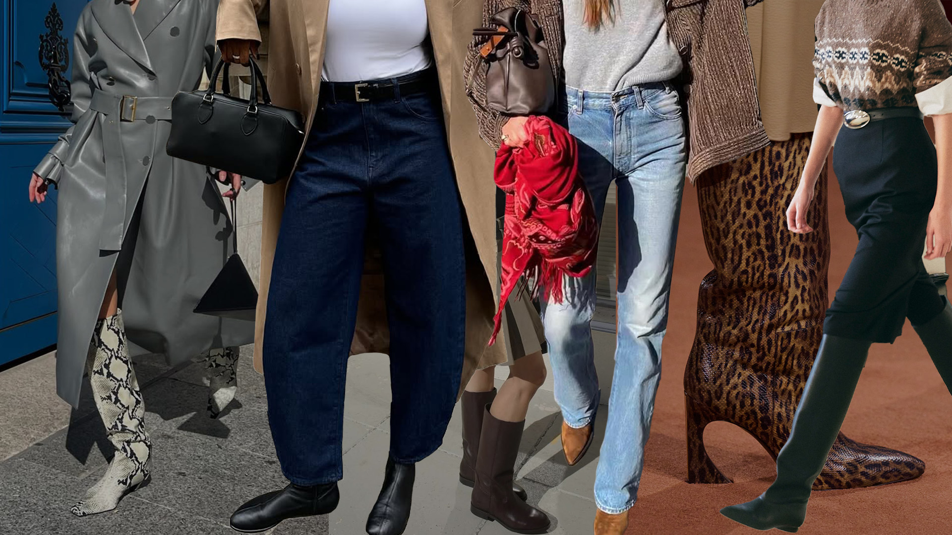 Collage of women wearing fall boot trends 2025.