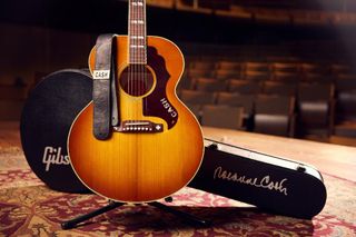 Rosanne Cash J-185 from Gibson Custom, pictured with exclusive hardshell case, and guitar strap