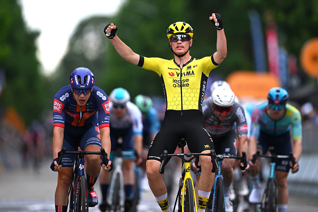 VIADANA, ITALY - MAY 22: Olav Kooij of Netherlands and Team Visma | Lease a Bike celebrates at finish line as stage winner during the 108th Giro d&amp;amp;apos;Italia 2025, Stage 12 a 172km stage from Modena to Viadana (Oglio-Po) / #UCIWT / on May 22, 2025 in Viadana, Italy. (Photo by Tim de Waele/Getty Images)