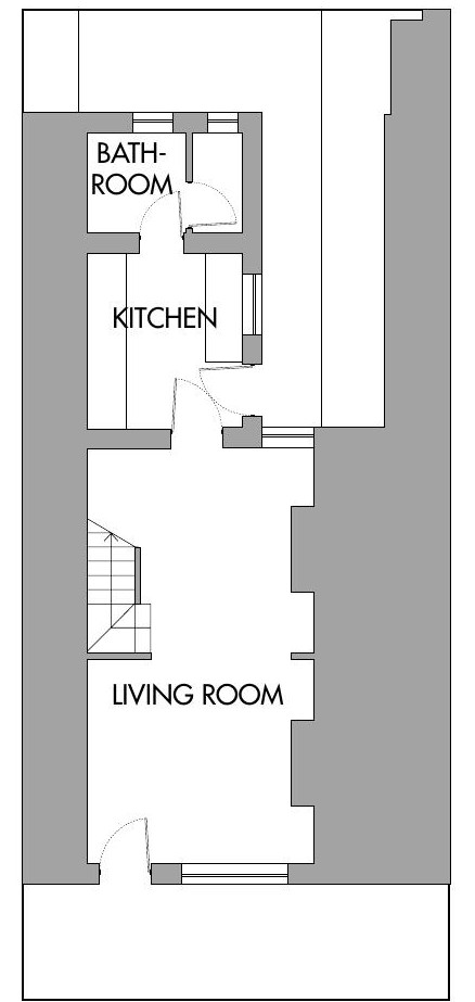 A floor plan of a ground floor layout featuring a living room, kitchen, and bathroom, labeled accordingly.