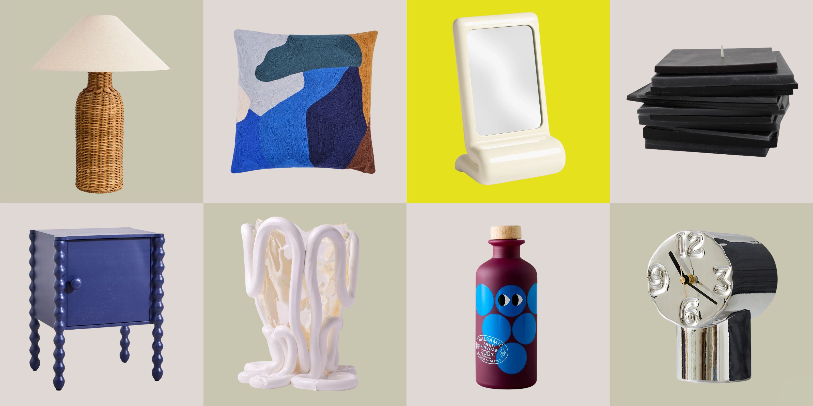 collage with rattan lamp, colorful cushion, table mirror, stacked candle, bobbin side table, resin vase, olive oil, and chrome clock