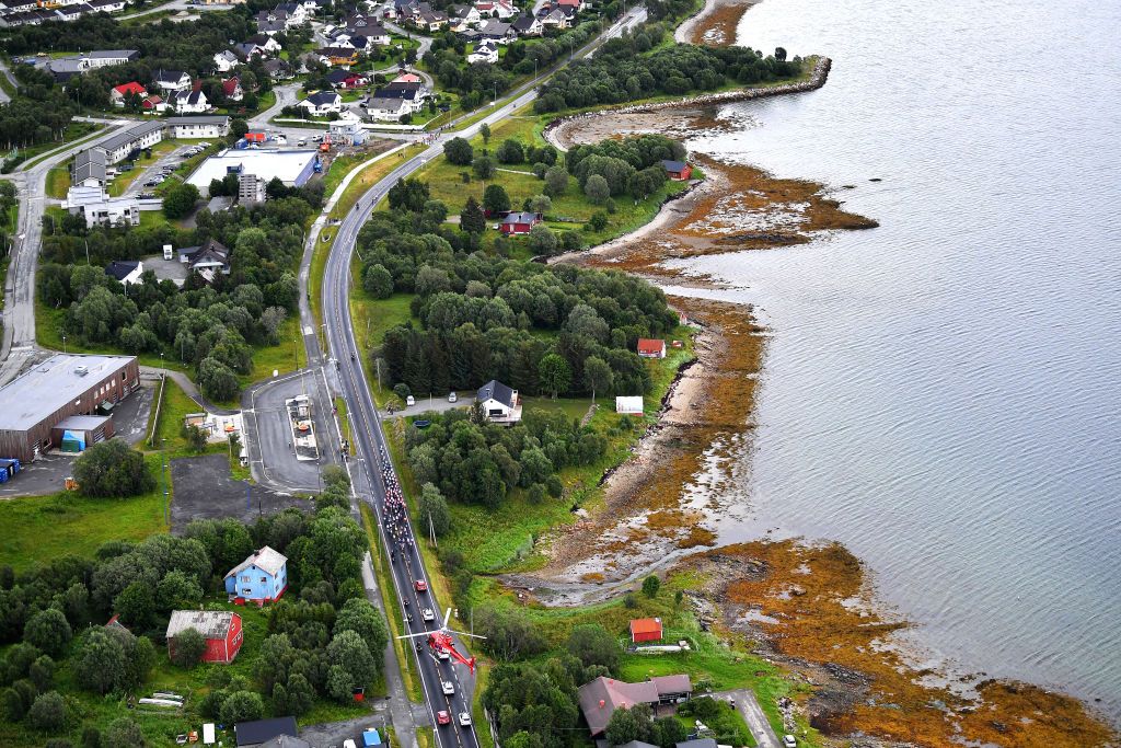 TROMSO NORWAY AUGUST 05 Aerial view of the peloton during the 8th Arctic Race Of Norway 2021 Stage 1 a 1425km stage from Troms to Troms ArcticRace on August 05 2021 in Tromso Norway Photo by Stuart FranklinGetty Images