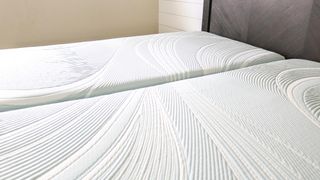 A picture showing the small gap between two twin XL mattresses that make up a split king