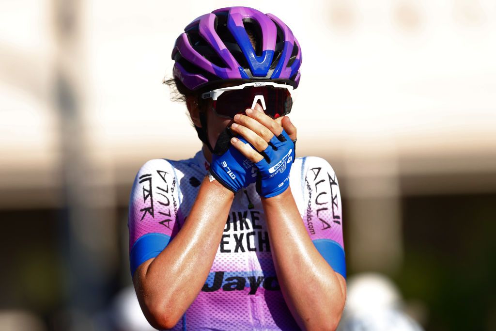 Ruby Roseman-Gannon (BikeExchange-Jayco) struggles to realise she has won