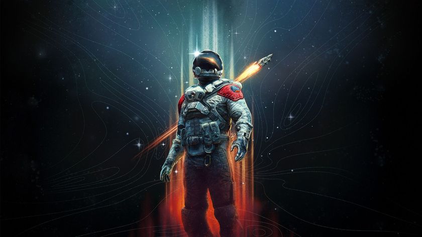 An astronaut standing against a galaxy background with a ship taking off