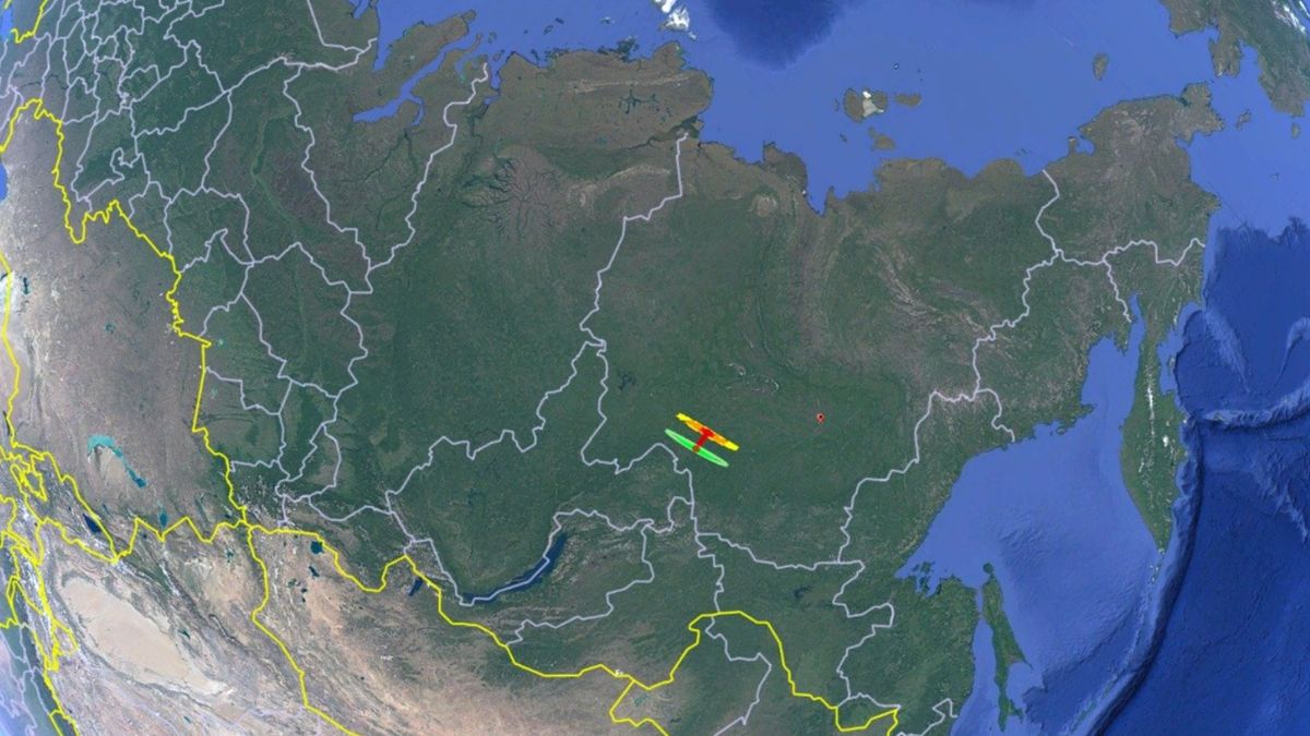 a map of earth showing two small circles over a part of northern russia