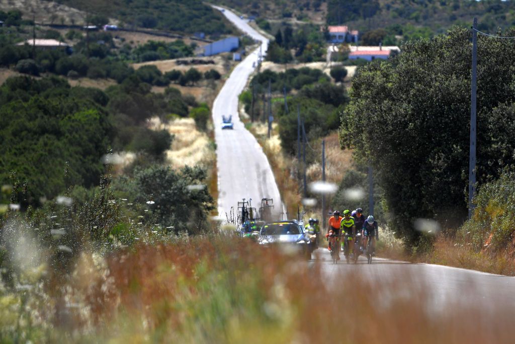 TAVIRA PORTUGAL MAY 07 Javier Moreno Bazan of Spain and Team Efapel Henrique Casimiro of Portugal and Team Kelly Simoldes Udo Julen Irizar Laskurain of Spain and Team Euskaltel Euskadi Jetse Bol of Netherlands and Team Burgos BH in the Breakaway during the 47th Volta Ao Algarve 2021 Stage 3 a 2031km stage from Faro to Tavira Landscape VoltAlgarve VAlgarve2021 on May 07 2021 in Tavira Portugal Photo by Luc ClaessenGetty Images