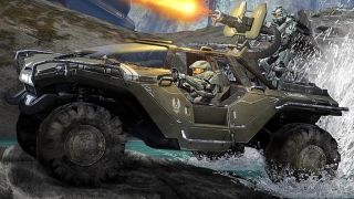 A Spartan soldier driving a Warthog vehicle from the Halo video games. There is also a Spartan soldier on the gun turret in the back of the vehicle.