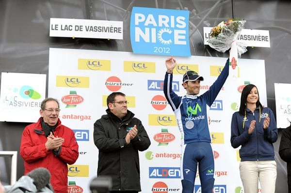 Stage 3 winner Alejandro Valverde on the podium in Le Lac de Vassivi&egrave;re