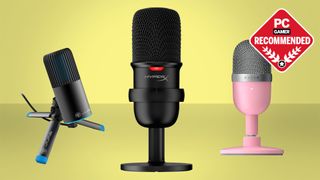 Jlab, HyperX, and Razer cheap microphones on a yellow background
