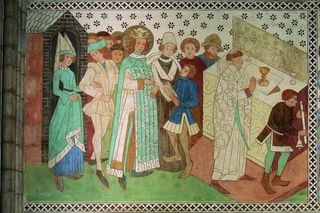 A mural painting, displayed in Uppsala Cathedral, of King Erik during mass.