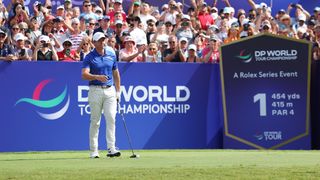 Rory McIlroy stands on the first tee during the final round of the DP World Tour Championship