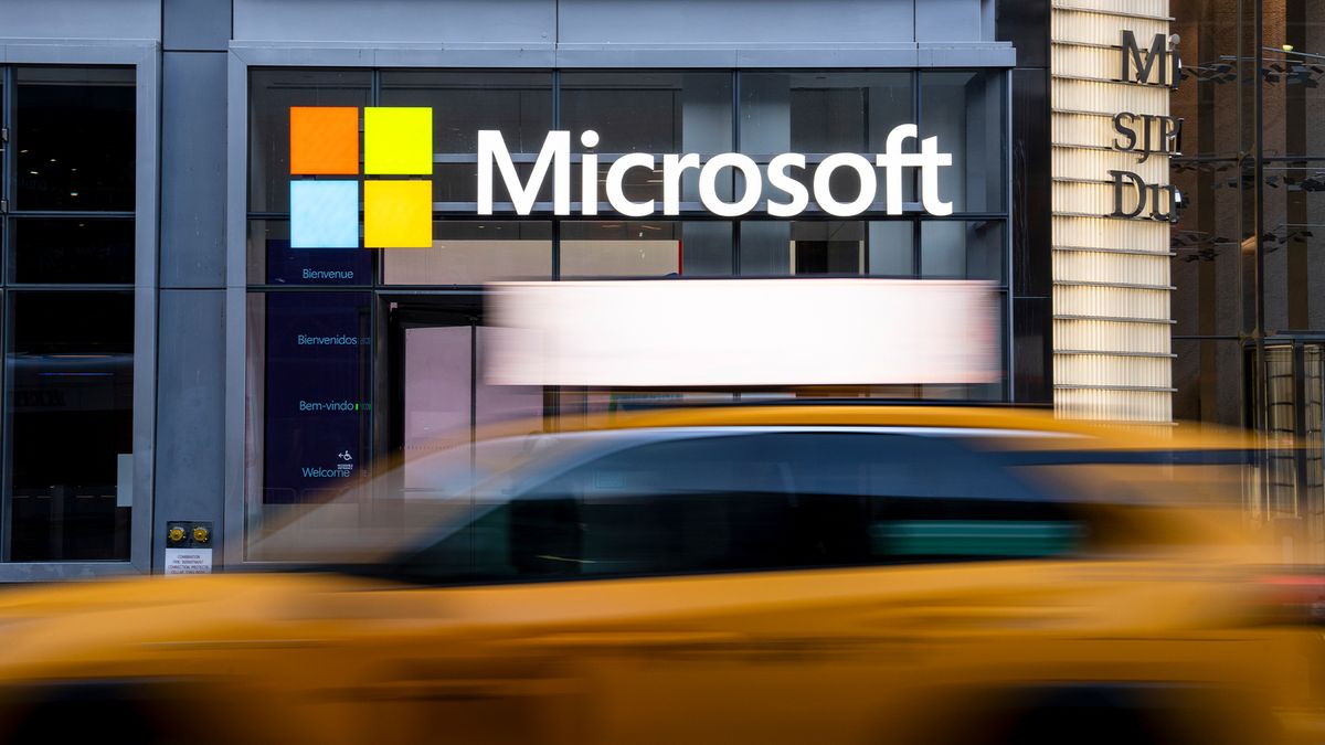 Microsoft logo and branding pictured on front of office building on 41st street and 8th avenue on November 25, 2024 in New York City. 