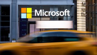 Microsoft logo and branding pictured on front of office building on 41st street and 8th avenue on November 25, 2024 in New York City. 