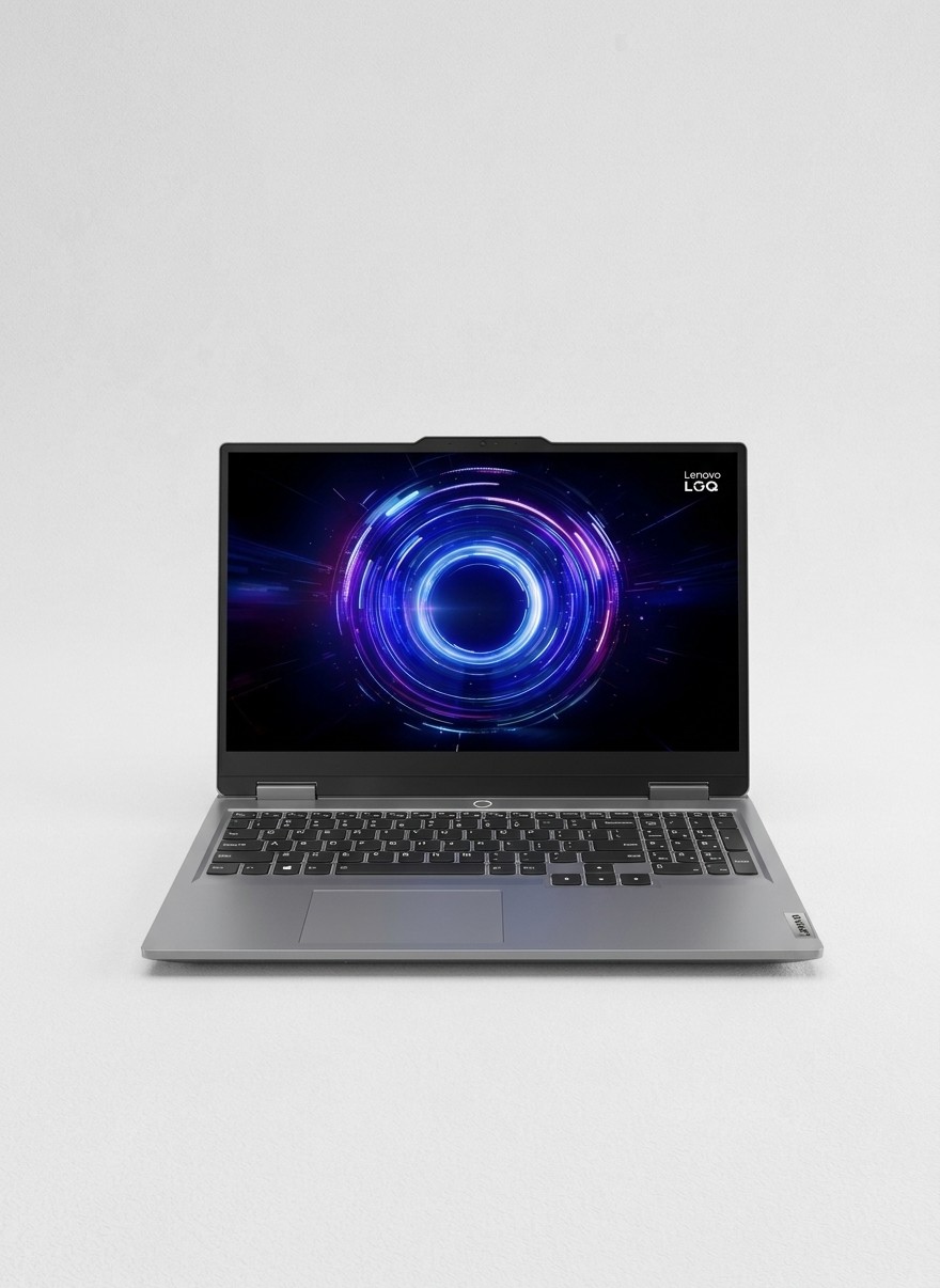A Lenovo LOQ gaming laptop on a grey background