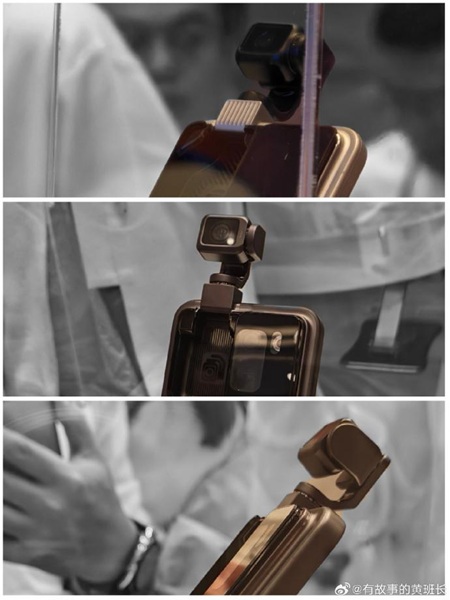 Three snapshots of the Honor Robot Phone, showcasing its flip-up gimbal camera.