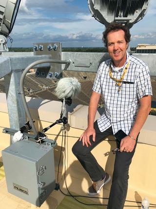 NBC Sports broadcast Notre Dame’s 2018 football season in 4K/HDR and Dolby Atmos audio. Here Karl Malone, director of sound design for NBC Sports and Olympics, sets up one of the network’s height mics on the roof of Notre Dame Stadium.