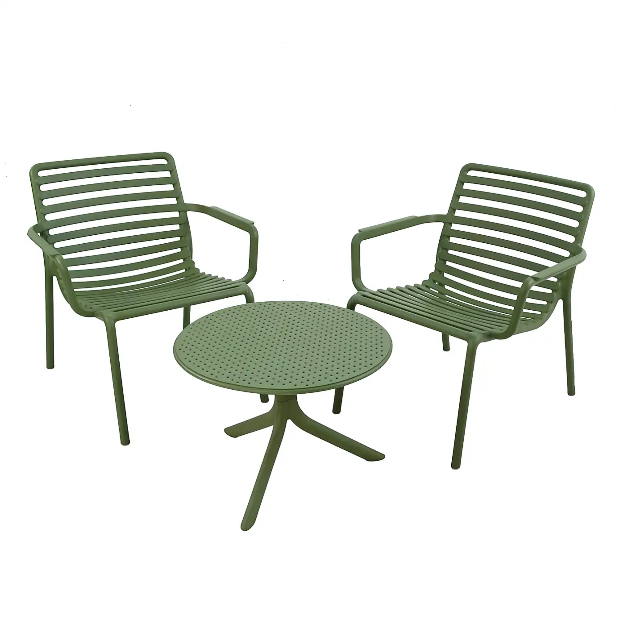 a set of two green chairs and a small garden table