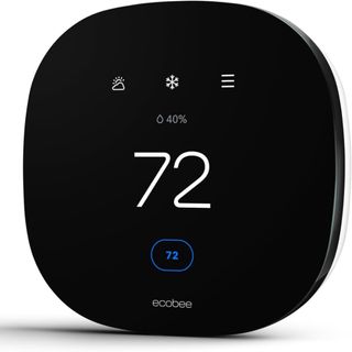 Black rounded square thermostat on a white background. It has an LED touchscreen interface displaying internal humidity and temperature