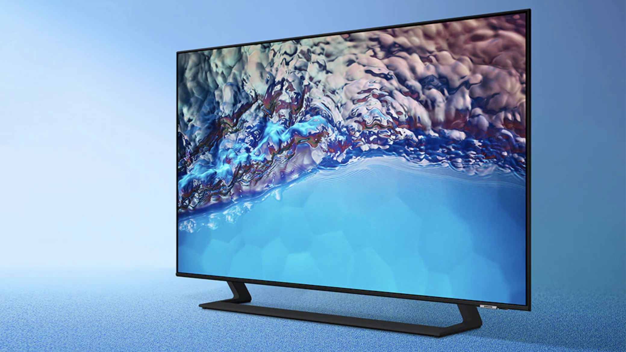 The Samsung BU8500 tv against a blue background